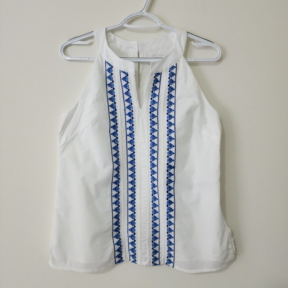 Vineyard Vines Embroidered Sleeveless Top Womens White Blue Split Neck Size 4